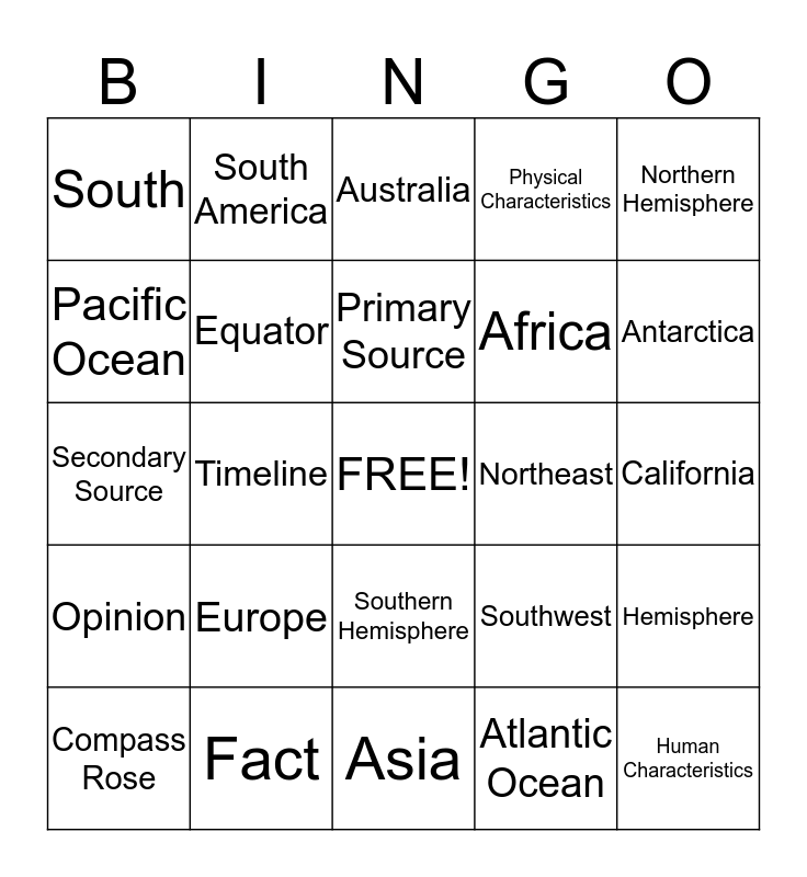 Geography Bingo Card