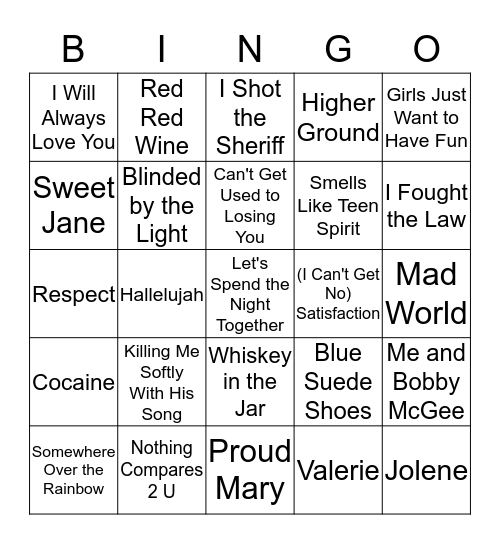 Cover Tunes Bingo Card