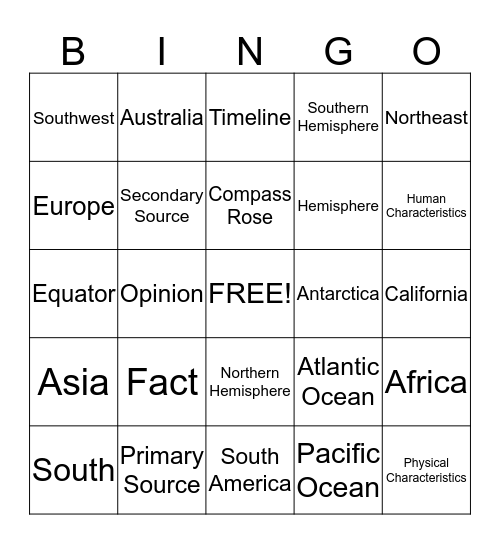 Geography Bingo Card