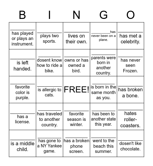 Social Bingo Card