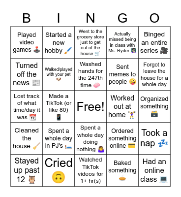 Corona Quarantine Bingo Card