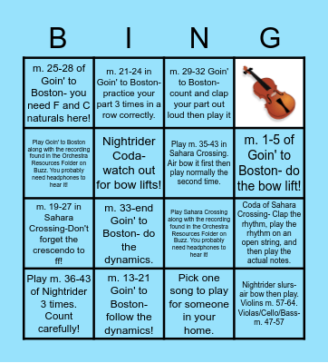 6th Grade Orchestra Practice Bingo Card