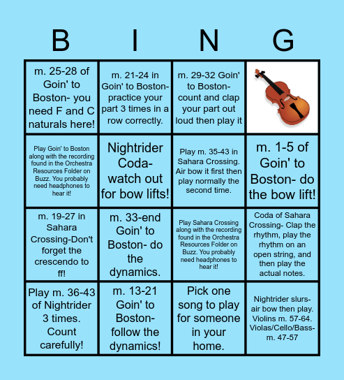 6th Grade Orchestra Practice Bingo Card