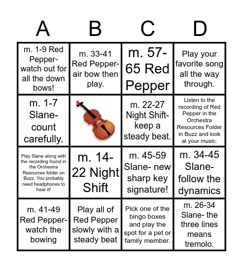 7th Grade Orchestra Practice Bingo Card