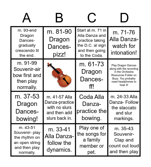 8th Grade Orchestra Practice Bingo Card
