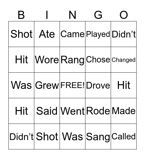 Past Verbs BINGO Card