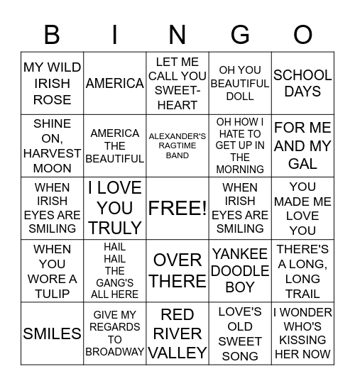 Sing-Along  Bingo Card