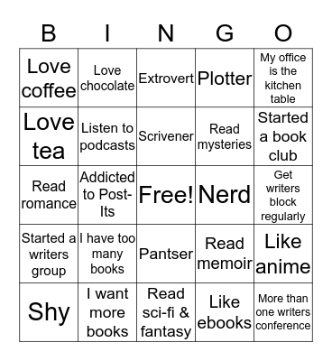 Bingo for Writers Bingo Card
