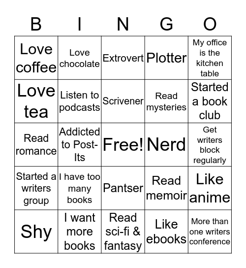 Bingo for Writers Bingo Card