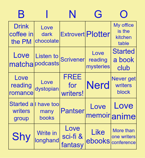 Bingo for WCCW Writers Bingo Card