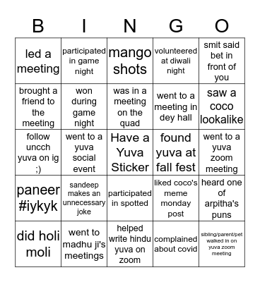 UNC Yuva Bingo Card