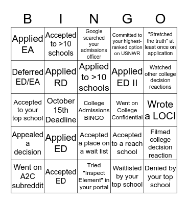 College Admissions BINGO Card
