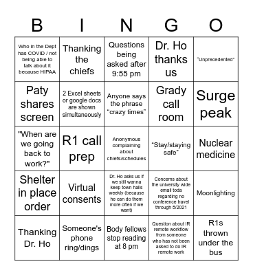 COVID-19 Rad Res Townhall Bingo Card