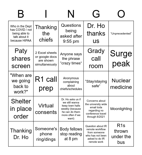 COVID-19 Rad Res Townhall Bingo Card