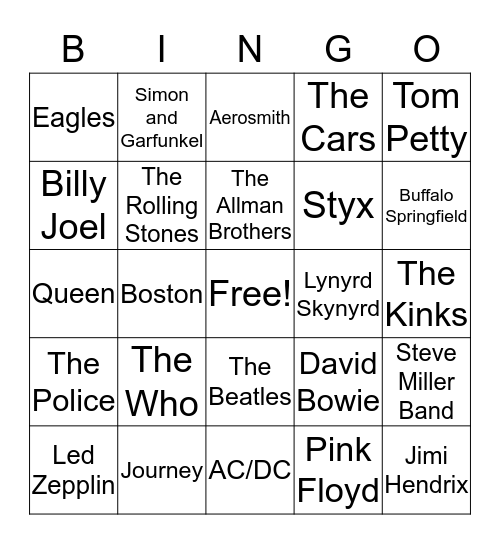 Classic Rock Bingo Card