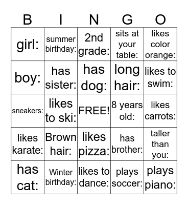 Grade2/3 Bingo Card