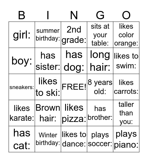 Grade2/3 Bingo Card