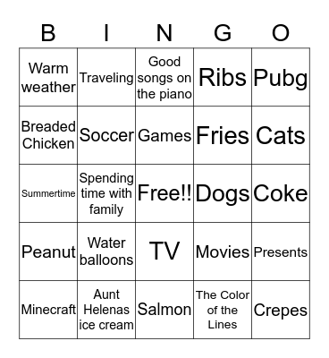 My Favourite things Bingo Card