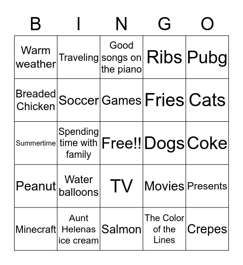 My Favourite things Bingo Card