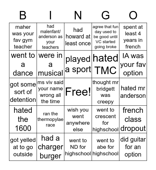 Valley Creek Bingo Card