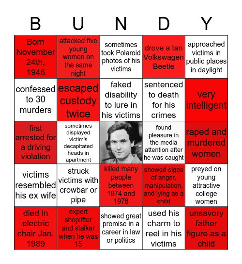 Ted Bundy Bingo Card