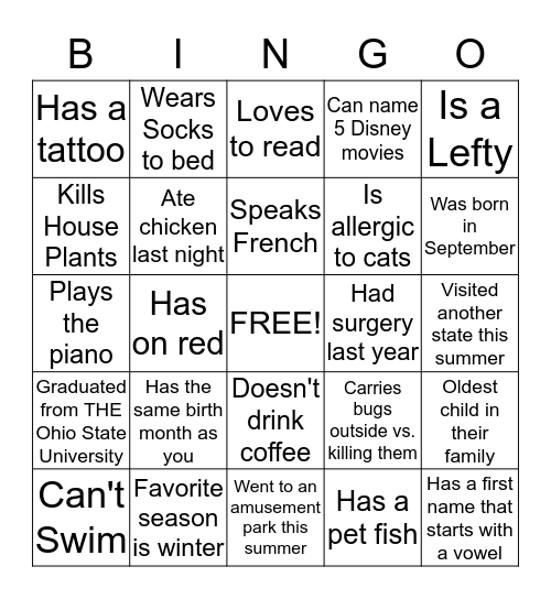 Planning Days Getting to Know You Bingo Card