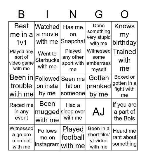 Aj Bingo Card