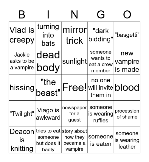 What we do in the Shadows Bingo Card