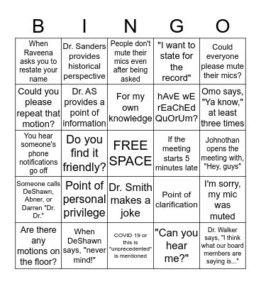 BOD Teleconference BINGO Card