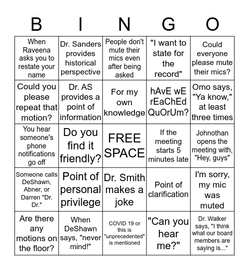 BOD Teleconference BINGO Card