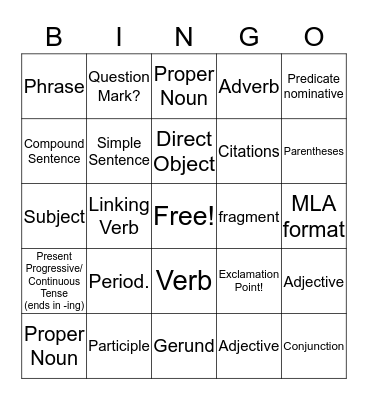 English Bingo Card