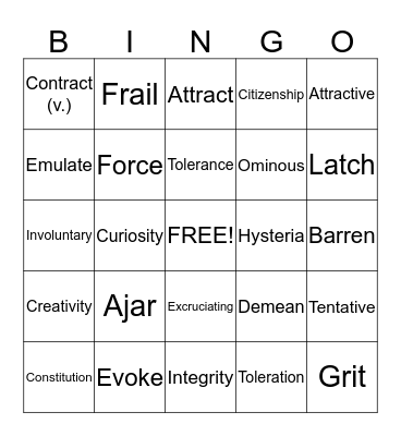 Vocabulary Bingo! Bingo Card