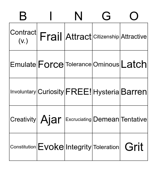 Vocabulary Bingo! Bingo Card