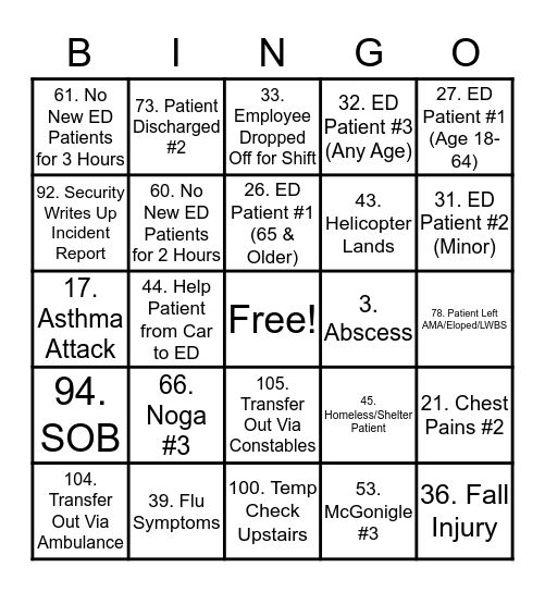 2300 - 0545 Bingo Card