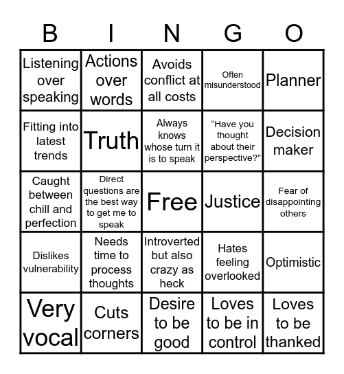 Enneagram 9w1 bingo Card