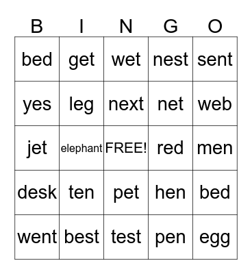 Short "E" Bingo Card