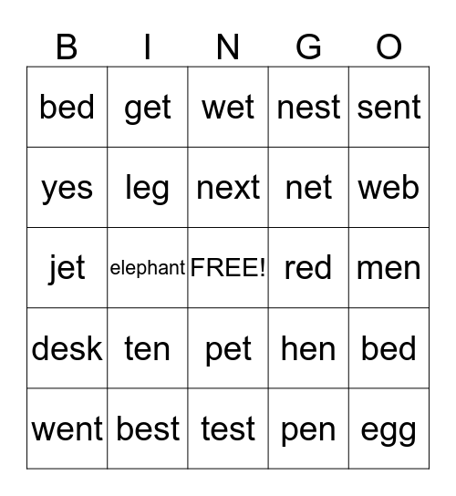 Short "E" Bingo Card