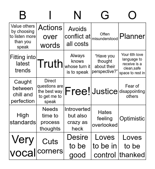 Enneagram 9w1 bingo Card