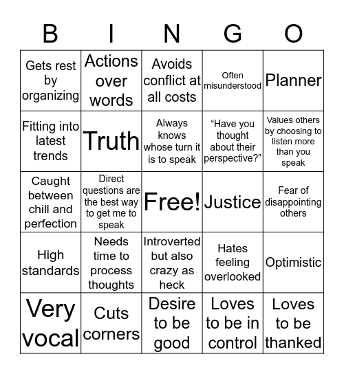 Enneagram 9w1 bingo Card