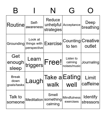Anxiety Coping Strategies Bingo Card