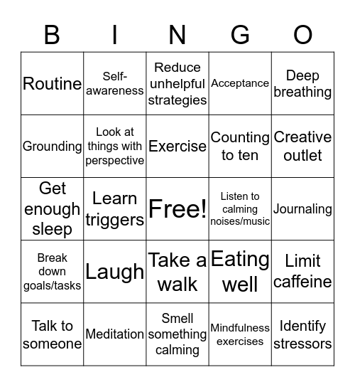 Anxiety Coping Strategies Bingo Card