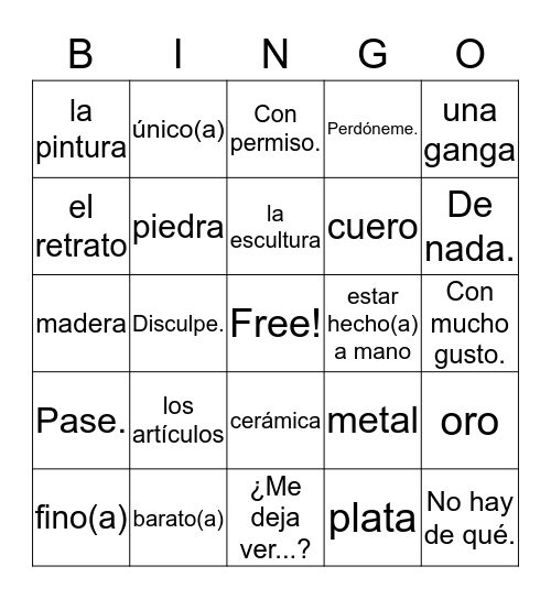 ¿Filmamos en el mercado? vocab Bingo Card