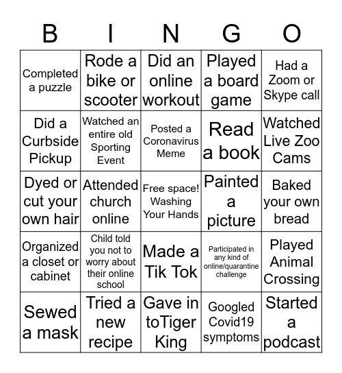 Quarantine Bingo Card