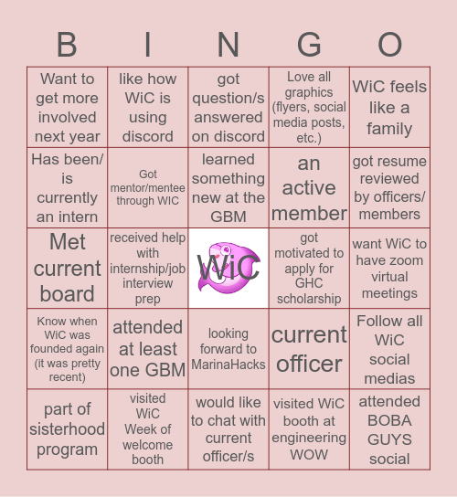 Women in Computing (WiC) Bingo Card