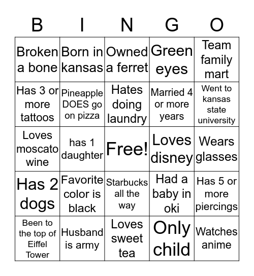 About Me Bingo Card