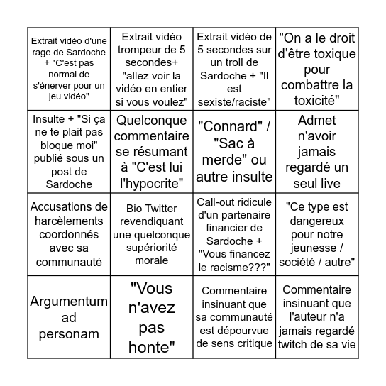 Bingo Sardoche des réactions twitter Bingo Card