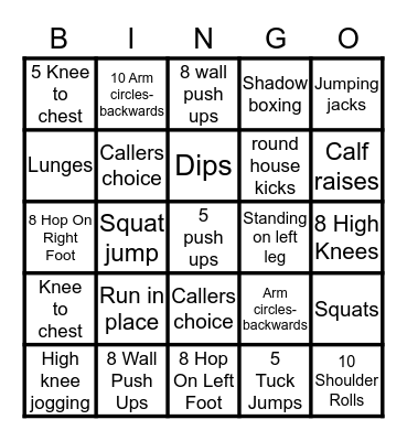 PREP/ GRADE 1 BINGO FITNESS Bingo Card