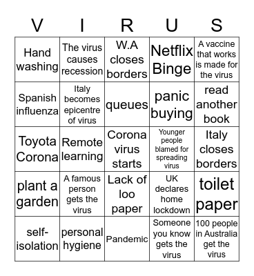 Coronavirus Bingo Card