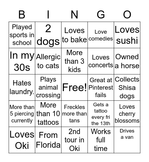 About me Bingo Card