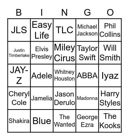 Venga Artist Bingo Card